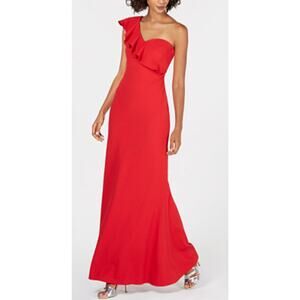 Calvin Klein Full Length Dress One Shoulder Ruffle Size 4 Red